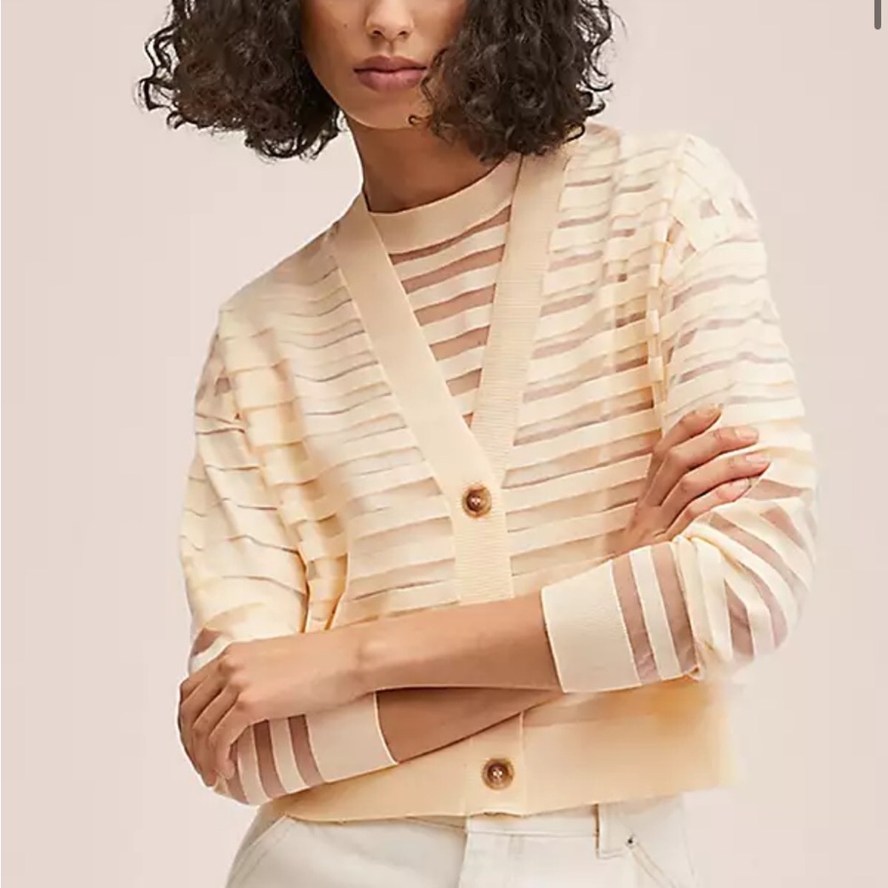 Mango Pale Peach Striped Lightweight V-Neck Cardigan NWT